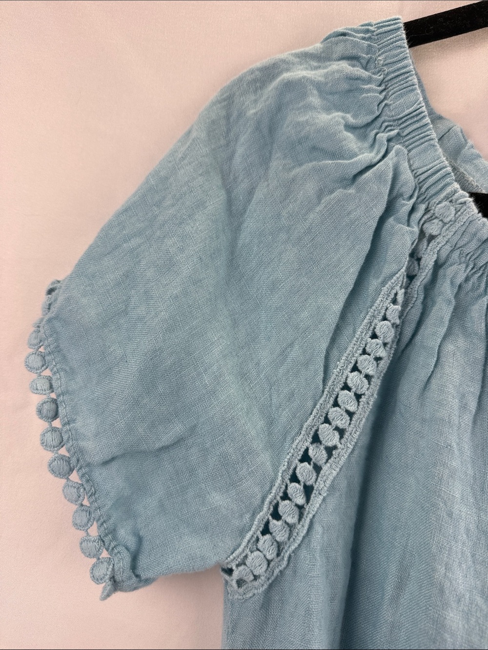 Luisa Perla Women’s Size L Light Blue Lace Trim Linen and Cotton Peasant Dress - Picture 3 of 7